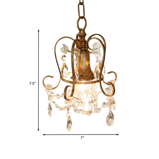 Traditional Scrolled Frame Suspension Light 1 Head Metallic Hanging Lamp Kit in Antique Brass with Crystal Droplet Clearhalo 'Ceiling Lights' 'Pendant Lights' 'Pendants' Lighting' 968414