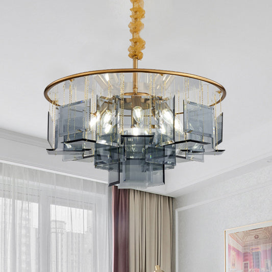 Smoke Gray Crystal Square Chandelier Lamp Contemporary 8 Lights Ceiling Pendant with Circle Design Smoke Gray Clearhalo 'Ceiling Lights' 'Chandeliers' 'Modern Chandeliers' 'Modern' Lighting' 968424