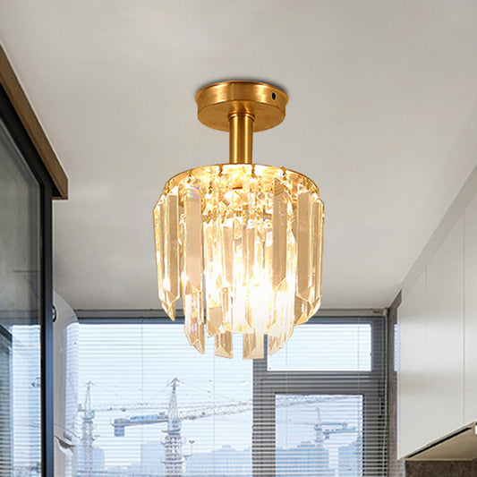 Simple Drum Clear Crystal Semi Flush Mount 1 Light Close to Ceiling Light in Brass for Porch Brass Clearhalo 'Ceiling Lights' 'Close To Ceiling Lights' 'Close to ceiling' 'Semi-flushmount' Lighting' 968440