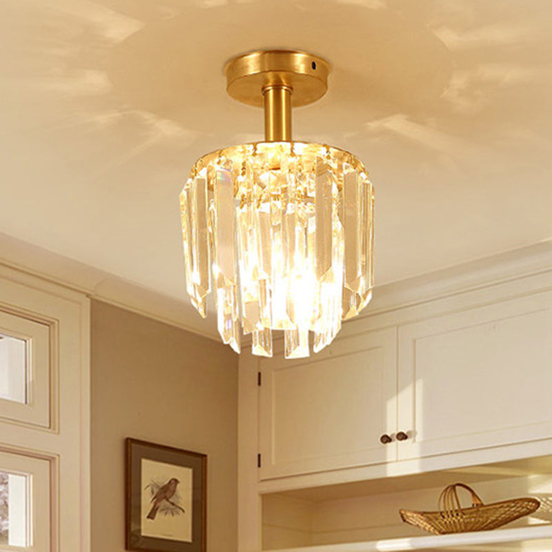 Simple Drum Clear Crystal Semi Flush Mount 1 Light Close to Ceiling Light in Brass for Porch Clearhalo 'Ceiling Lights' 'Close To Ceiling Lights' 'Close to ceiling' 'Semi-flushmount' Lighting' 968441