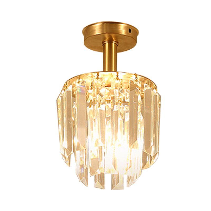 Simple Drum Clear Crystal Semi Flush Mount 1 Light Close to Ceiling Light in Brass for Porch Clearhalo 'Ceiling Lights' 'Close To Ceiling Lights' 'Close to ceiling' 'Semi-flushmount' Lighting' 968442