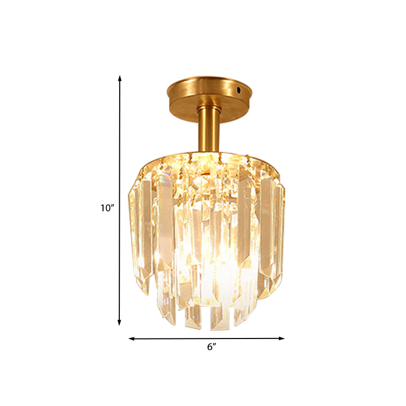 Simple Drum Clear Crystal Semi Flush Mount 1 Light Close to Ceiling Light in Brass for Porch Clearhalo 'Ceiling Lights' 'Close To Ceiling Lights' 'Close to ceiling' 'Semi-flushmount' Lighting' 968443