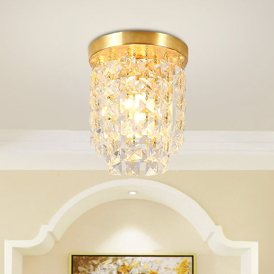 1 Light Corridor Flushmount Lighting Simplicity Brass Flush Light Fixture with Cylinder Clear Crystal Shade Brass Clearhalo 'Ceiling Lights' 'Close To Ceiling Lights' 'Close to ceiling' 'Flush mount' Lighting' 968444
