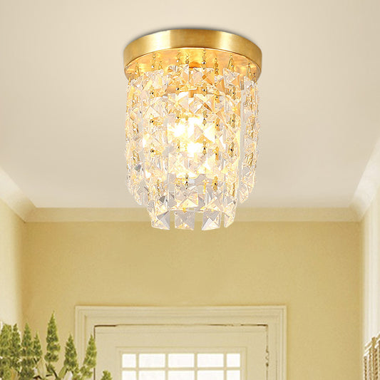1 Light Corridor Flushmount Lighting Simplicity Brass Flush Light Fixture with Cylinder Clear Crystal Shade Clearhalo 'Ceiling Lights' 'Close To Ceiling Lights' 'Close to ceiling' 'Flush mount' Lighting' 968445