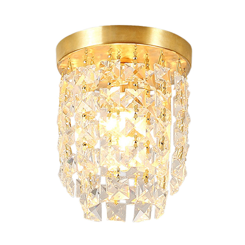 1 Light Corridor Flushmount Lighting Simplicity Brass Flush Light Fixture with Cylinder Clear Crystal Shade Clearhalo 'Ceiling Lights' 'Close To Ceiling Lights' 'Close to ceiling' 'Flush mount' Lighting' 968446