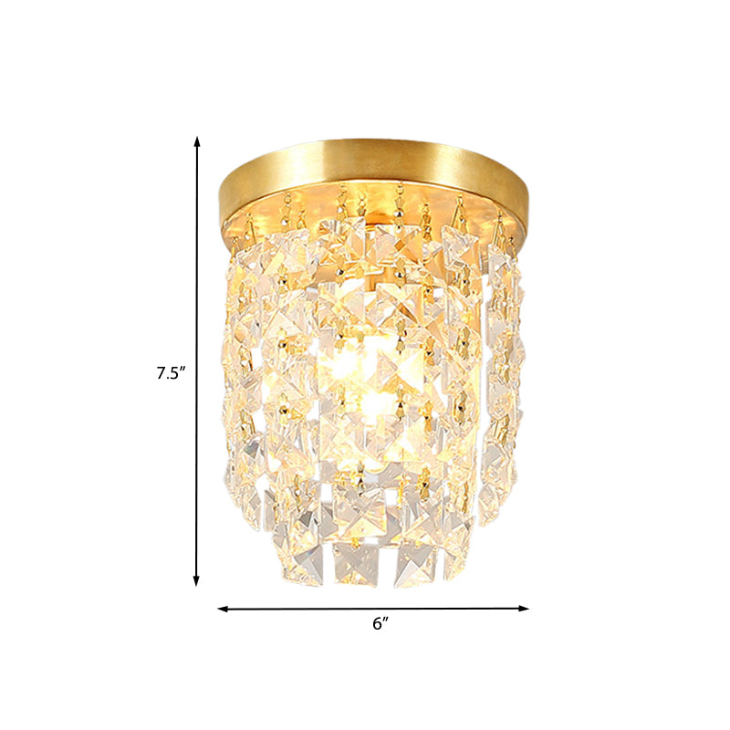 1 Light Corridor Flushmount Lighting Simplicity Brass Flush Light Fixture with Cylinder Clear Crystal Shade Clearhalo 'Ceiling Lights' 'Close To Ceiling Lights' 'Close to ceiling' 'Flush mount' Lighting' 968447