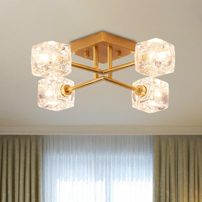 Contemporary Square Semi Flush Clear Crystal 4/6-Light Bedroom Ceiling Light Fixture in Brass 4 Brass Clearhalo 'Ceiling Lights' 'Close To Ceiling Lights' 'Close to ceiling' 'Semi-flushmount' Lighting' 968456