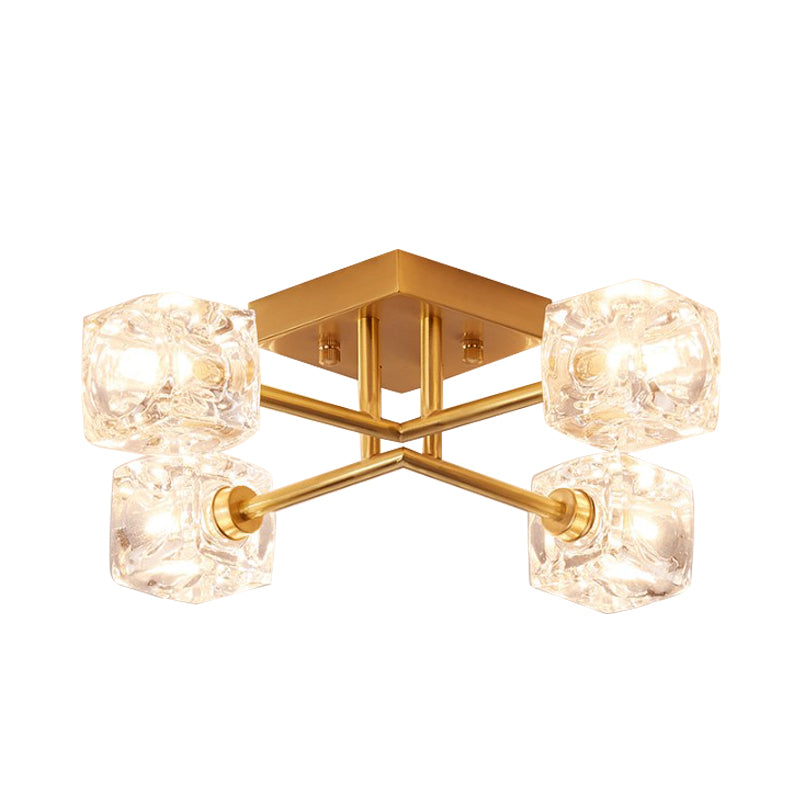 Contemporary Square Semi Flush Clear Crystal 4/6-Light Bedroom Ceiling Light Fixture in Brass Clearhalo 'Ceiling Lights' 'Close To Ceiling Lights' 'Close to ceiling' 'Semi-flushmount' Lighting' 968458