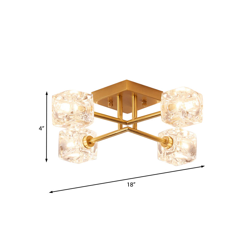 Contemporary Square Semi Flush Clear Crystal 4/6-Light Bedroom Ceiling Light Fixture in Brass Clearhalo 'Ceiling Lights' 'Close To Ceiling Lights' 'Close to ceiling' 'Semi-flushmount' Lighting' 968459