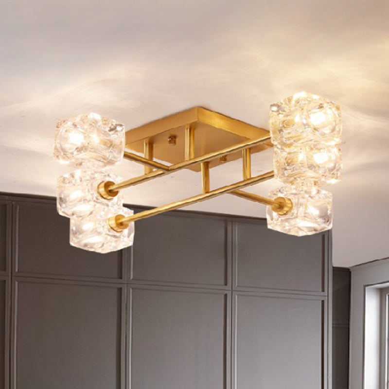 Contemporary Square Semi Flush Clear Crystal 4/6-Light Bedroom Ceiling Light Fixture in Brass 6 Brass Clearhalo 'Ceiling Lights' 'Close To Ceiling Lights' 'Close to ceiling' 'Semi-flushmount' Lighting' 968460