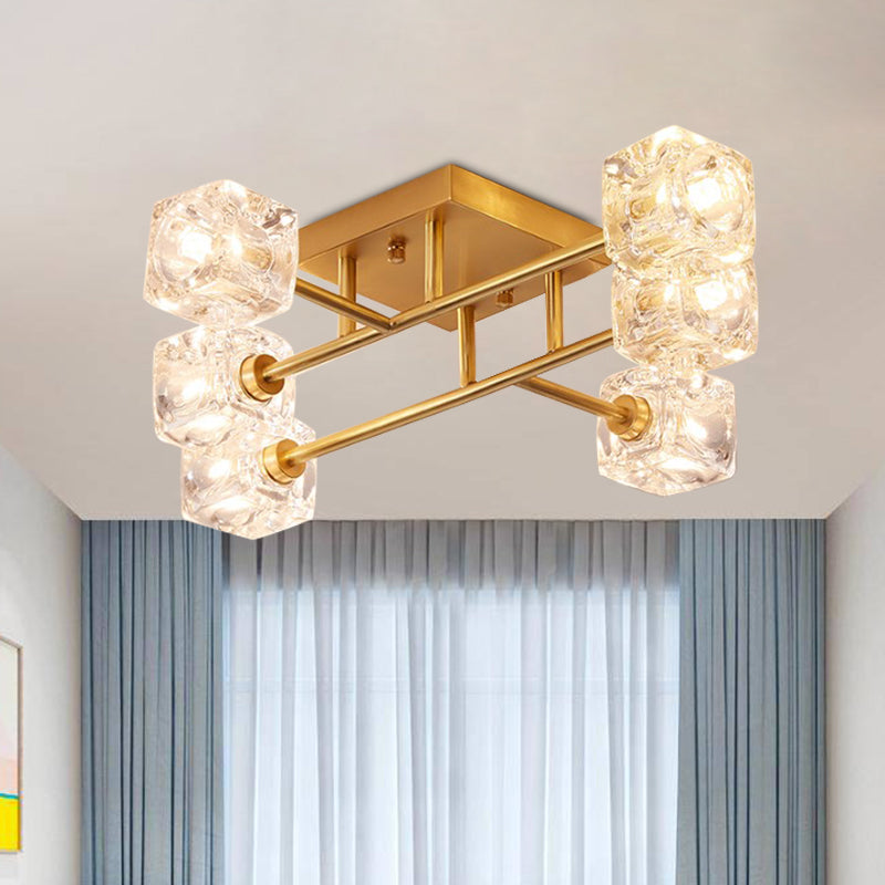 Contemporary Square Semi Flush Clear Crystal 4/6-Light Bedroom Ceiling Light Fixture in Brass Clearhalo 'Ceiling Lights' 'Close To Ceiling Lights' 'Close to ceiling' 'Semi-flushmount' Lighting' 968461