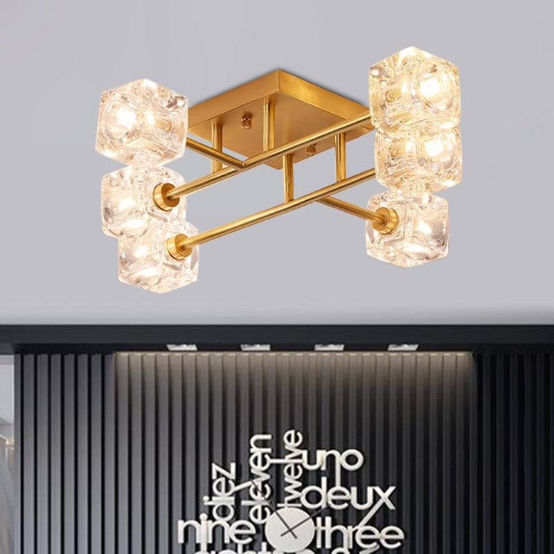 Contemporary Square Semi Flush Clear Crystal 4/6-Light Bedroom Ceiling Light Fixture in Brass Clearhalo 'Ceiling Lights' 'Close To Ceiling Lights' 'Close to ceiling' 'Semi-flushmount' Lighting' 968462