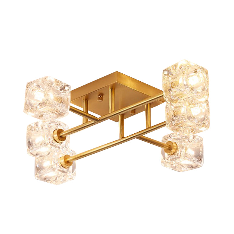 Contemporary Square Semi Flush Clear Crystal 4/6-Light Bedroom Ceiling Light Fixture in Brass Clearhalo 'Ceiling Lights' 'Close To Ceiling Lights' 'Close to ceiling' 'Semi-flushmount' Lighting' 968463