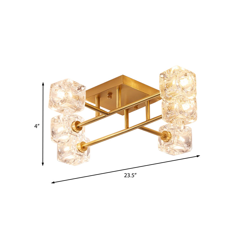 Contemporary Square Semi Flush Clear Crystal 4/6-Light Bedroom Ceiling Light Fixture in Brass Clearhalo 'Ceiling Lights' 'Close To Ceiling Lights' 'Close to ceiling' 'Semi-flushmount' Lighting' 968464