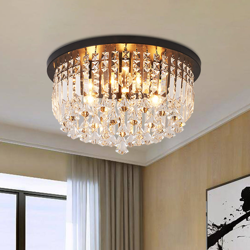 9 Lights Bedroom Flush Light Fixture Contemporary Black Ceiling Lighting with Cascade Crystal Shade Black A Clearhalo 'Ceiling Lights' 'Close To Ceiling Lights' 'Close to ceiling' 'Flush mount' Lighting' 968481