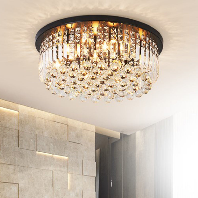 9 Lights Bedroom Flush Light Fixture Contemporary Black Ceiling Lighting with Cascade Crystal Shade Clearhalo 'Ceiling Lights' 'Close To Ceiling Lights' 'Close to ceiling' 'Flush mount' Lighting' 968487