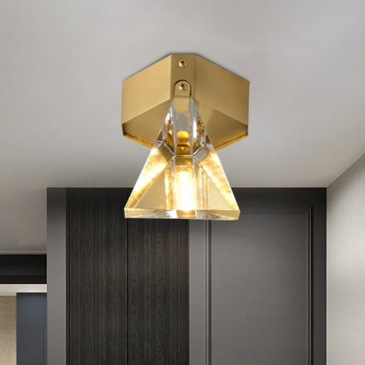 Triangle Faceted Crystal Flush Mount Lighting Minimalist LED Brass Finish Ceiling Light Fixture Brass Clearhalo 'Ceiling Lights' 'Close To Ceiling Lights' 'Close to ceiling' 'Flush mount' Lighting' 968490