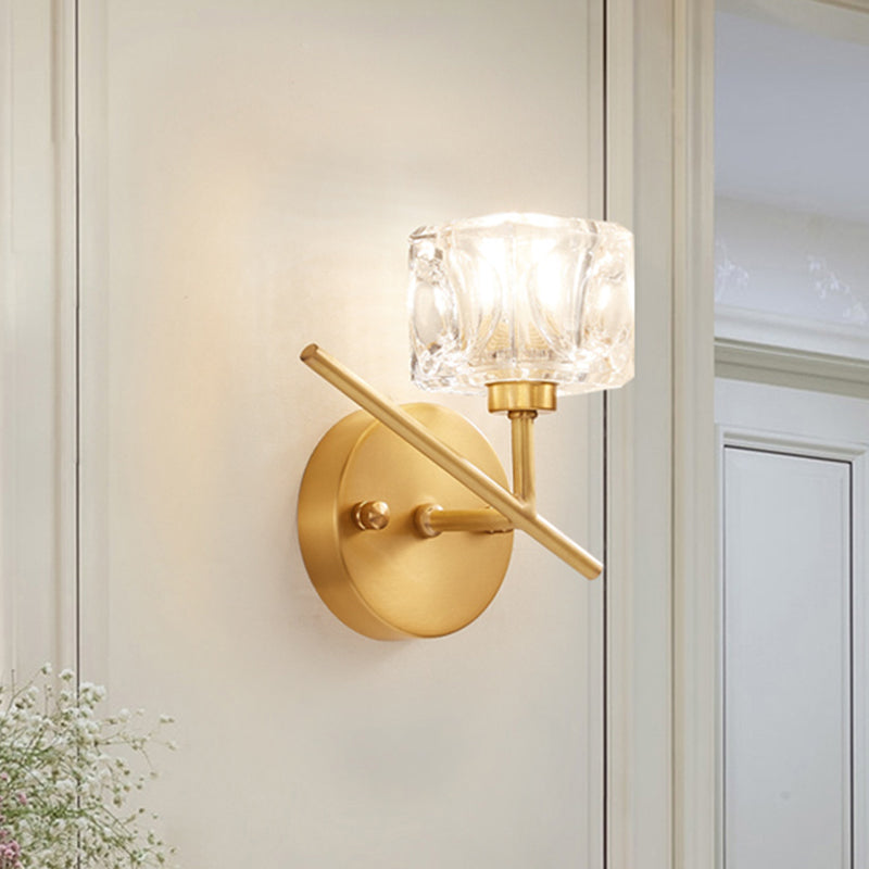 Brass Drum Shade Wall Mount Lighting Modern 1 Light Clear Crystal Wall Light for Bedroom Brass Clearhalo 'Cast Iron' 'Glass' 'Industrial' 'Modern wall lights' 'Modern' 'Tiffany' 'Traditional wall lights' 'Wall Lamps & Sconces' 'Wall Lights' Lighting' 968523