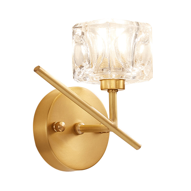 Brass Drum Shade Wall Mount Lighting Modern 1 Light Clear Crystal Wall Light for Bedroom Clearhalo 'Cast Iron' 'Glass' 'Industrial' 'Modern wall lights' 'Modern' 'Tiffany' 'Traditional wall lights' 'Wall Lamps & Sconces' 'Wall Lights' Lighting' 968524