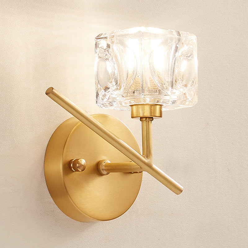 Brass Drum Shade Wall Mount Lighting Modern 1 Light Clear Crystal Wall Light for Bedroom Clearhalo 'Cast Iron' 'Glass' 'Industrial' 'Modern wall lights' 'Modern' 'Tiffany' 'Traditional wall lights' 'Wall Lamps & Sconces' 'Wall Lights' Lighting' 968525