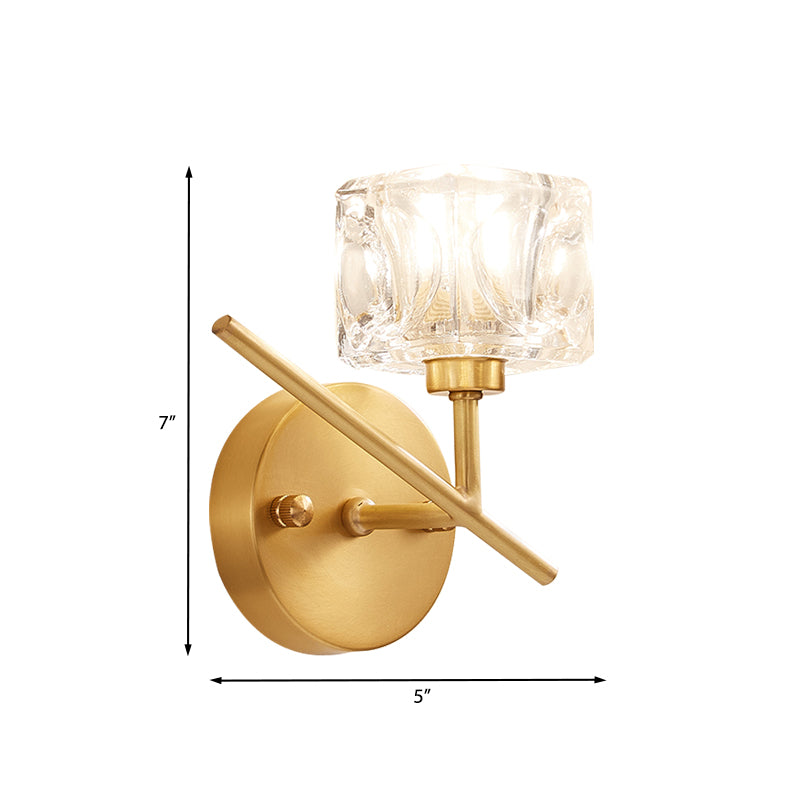 Brass Drum Shade Wall Mount Lighting Modern 1 Light Clear Crystal Wall Light for Bedroom Clearhalo 'Cast Iron' 'Glass' 'Industrial' 'Modern wall lights' 'Modern' 'Tiffany' 'Traditional wall lights' 'Wall Lamps & Sconces' 'Wall Lights' Lighting' 968526