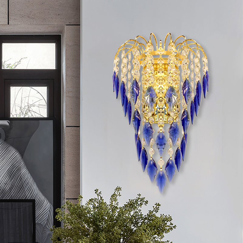 Modern 2-Light Wall Lighting Brass Finish Curved Wall Mounted Lamp with Tan/Blue Crystal Shade Clearhalo 'Modern wall lights' 'Modern' 'Wall Lamps & Sconces' 'Wall Lights' Lighting' 968536