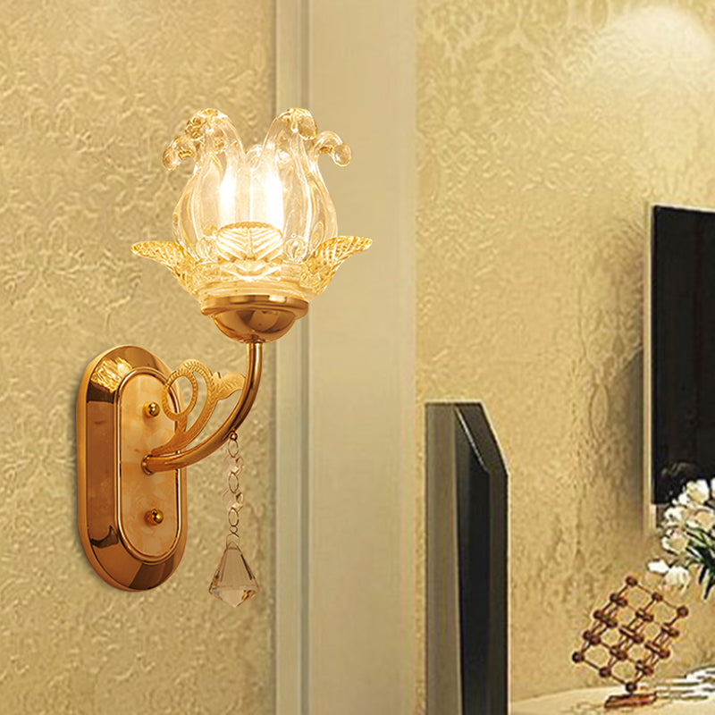 Simplicity Blossom Crystal Wall Lighting Fixture 1/2-Light Wall Mounted Lamp in Gold with Curved Arm 1.0 Gold Clearhalo 'Modern wall lights' 'Modern' 'Wall Lamps & Sconces' 'Wall Lights' Lighting' 968543