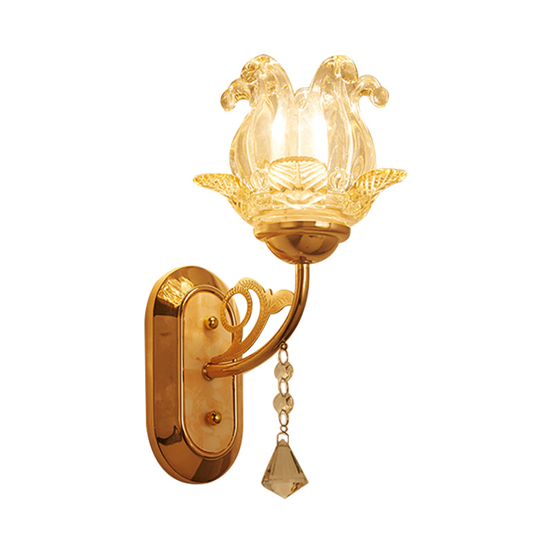 Simplicity Blossom Crystal Wall Lighting Fixture 1/2-Light Wall Mounted Lamp in Gold with Curved Arm Clearhalo 'Modern wall lights' 'Modern' 'Wall Lamps & Sconces' 'Wall Lights' Lighting' 968544