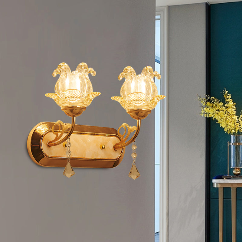 Simplicity Blossom Crystal Wall Lighting Fixture 1/2-Light Wall Mounted Lamp in Gold with Curved Arm Clearhalo 'Modern wall lights' 'Modern' 'Wall Lamps & Sconces' 'Wall Lights' Lighting' 968548