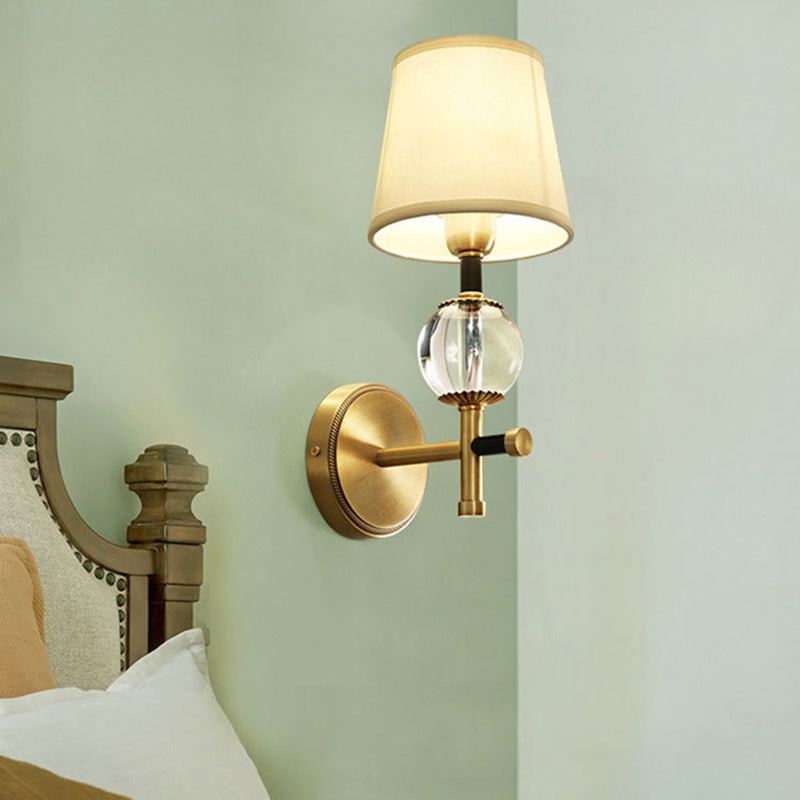 1/2-Head Bedroom Wall Sconce Modernism Brass Finish Clear Crystal Wall Light Fixture with Conical Fabric Shade 1.0 Brass Clearhalo 'Modern wall lights' 'Modern' 'Wall Lamps & Sconces' 'Wall Lights' Lighting' 968556