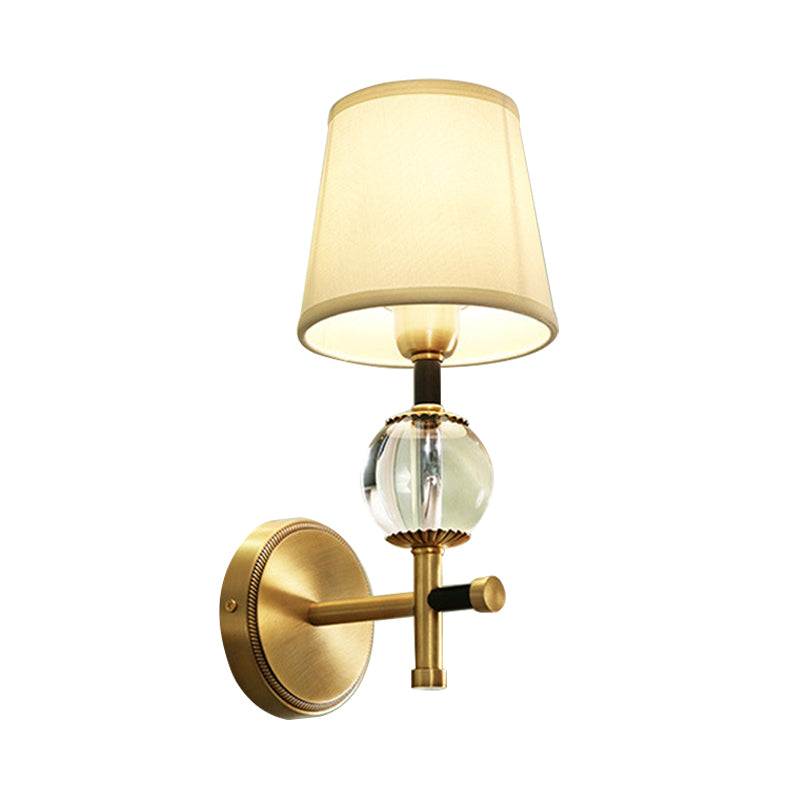 1/2-Head Bedroom Wall Sconce Modernism Brass Finish Clear Crystal Wall Light Fixture with Conical Fabric Shade Clearhalo 'Modern wall lights' 'Modern' 'Wall Lamps & Sconces' 'Wall Lights' Lighting' 968557