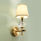 1/2-Head Bedroom Wall Sconce Modernism Brass Finish Clear Crystal Wall Light Fixture with Conical Fabric Shade Clearhalo 'Modern wall lights' 'Modern' 'Wall Lamps & Sconces' 'Wall Lights' Lighting' 968558