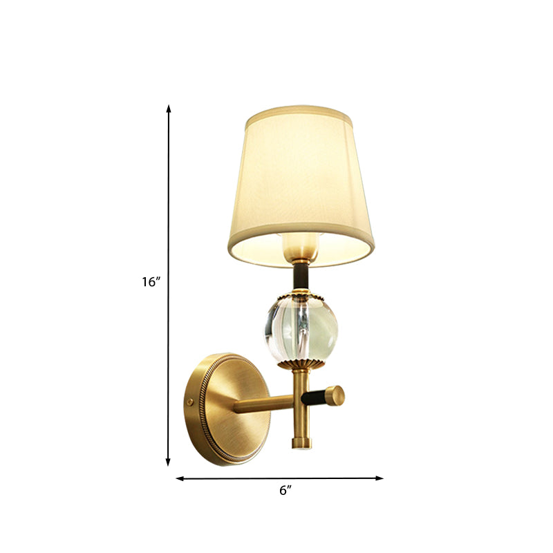 1/2-Head Bedroom Wall Sconce Modernism Brass Finish Clear Crystal Wall Light Fixture with Conical Fabric Shade Clearhalo 'Modern wall lights' 'Modern' 'Wall Lamps & Sconces' 'Wall Lights' Lighting' 968559