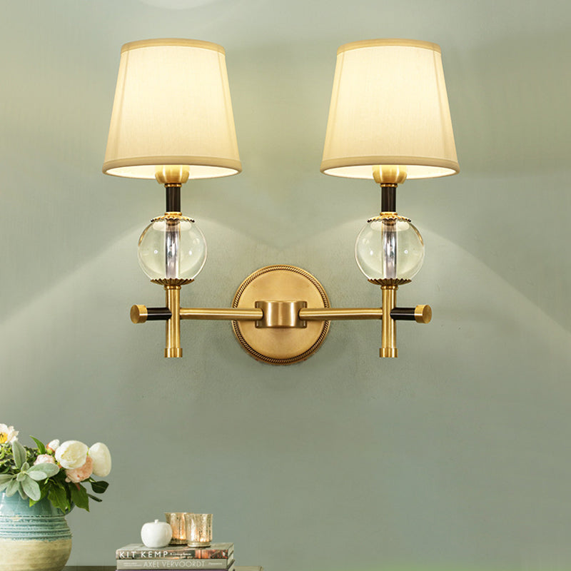 1/2-Head Bedroom Wall Sconce Modernism Brass Finish Clear Crystal Wall Light Fixture with Conical Fabric Shade 2.0 Brass Clearhalo 'Modern wall lights' 'Modern' 'Wall Lamps & Sconces' 'Wall Lights' Lighting' 968560