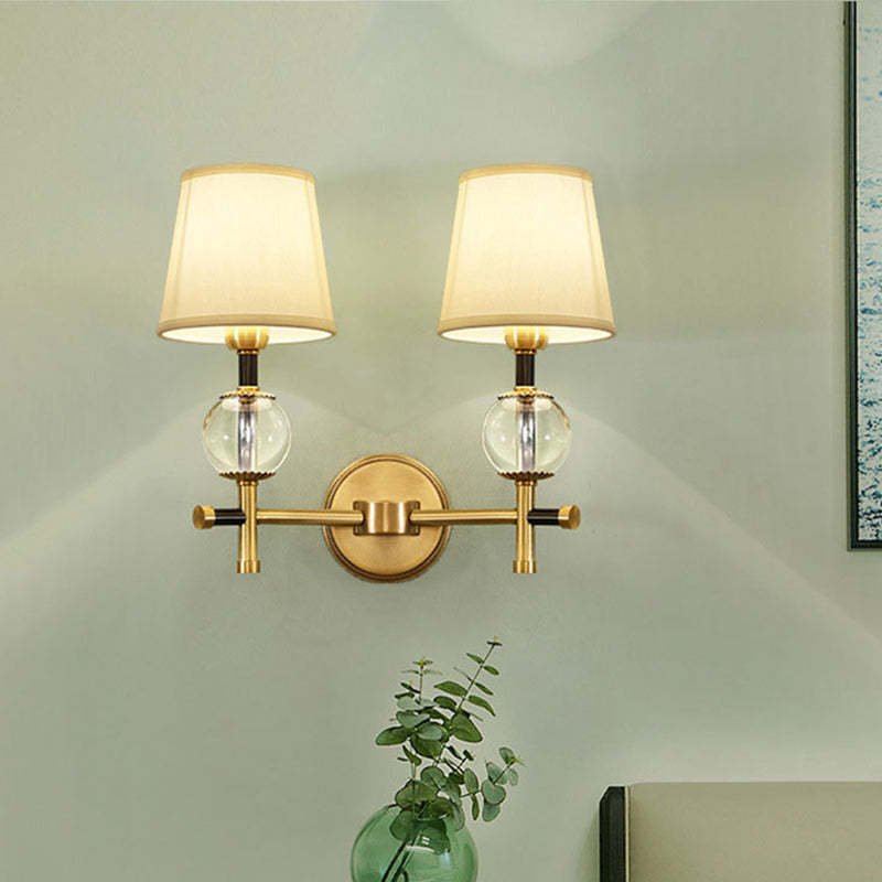 1/2-Head Bedroom Wall Sconce Modernism Brass Finish Clear Crystal Wall Light Fixture with Conical Fabric Shade Clearhalo 'Modern wall lights' 'Modern' 'Wall Lamps & Sconces' 'Wall Lights' Lighting' 968561
