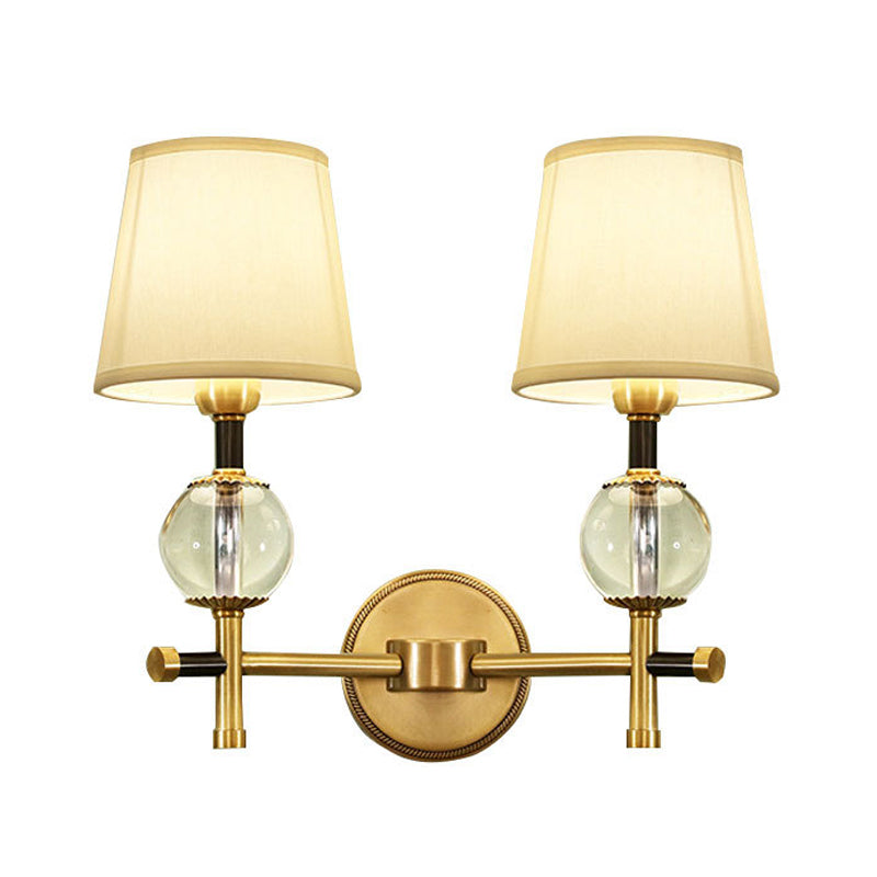 1/2-Head Bedroom Wall Sconce Modernism Brass Finish Clear Crystal Wall Light Fixture with Conical Fabric Shade Clearhalo 'Modern wall lights' 'Modern' 'Wall Lamps & Sconces' 'Wall Lights' Lighting' 968562