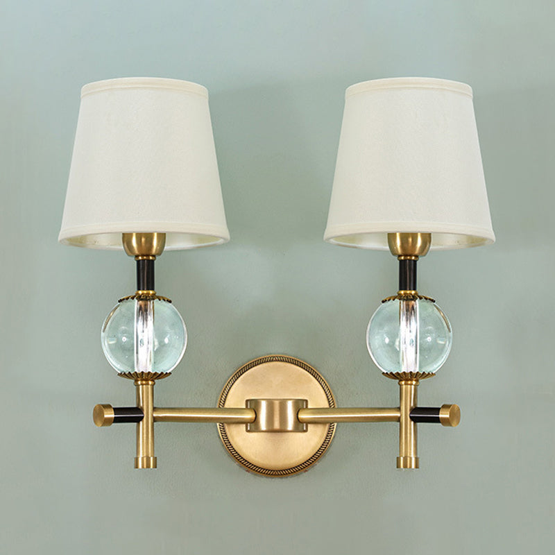 1/2-Head Bedroom Wall Sconce Modernism Brass Finish Clear Crystal Wall Light Fixture with Conical Fabric Shade Clearhalo 'Modern wall lights' 'Modern' 'Wall Lamps & Sconces' 'Wall Lights' Lighting' 968563