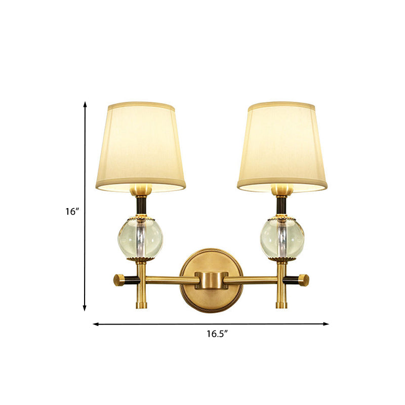 1/2-Head Bedroom Wall Sconce Modernism Brass Finish Clear Crystal Wall Light Fixture with Conical Fabric Shade Clearhalo 'Modern wall lights' 'Modern' 'Wall Lamps & Sconces' 'Wall Lights' Lighting' 968564