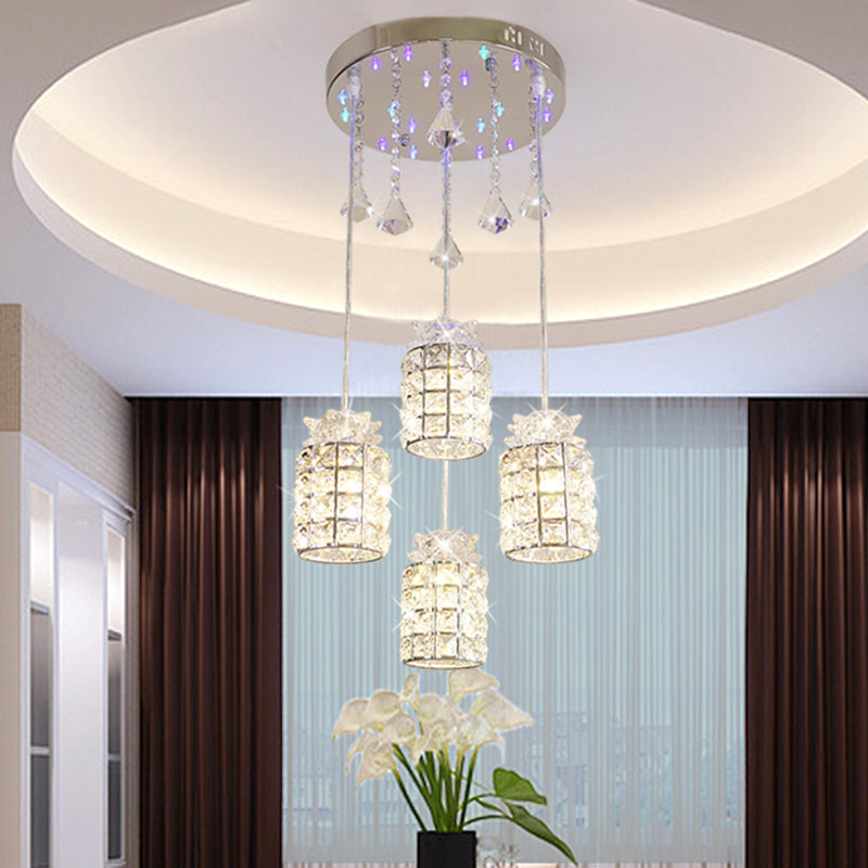 Minimal Cylinder Suspension Lamp Clear Crystal 4-Light Dining Room Cluster Pendant Light in Chrome Clearhalo 'Ceiling Lights' 'Modern Pendants' 'Modern' 'Pendant Lights' 'Pendants' Lighting' 968574