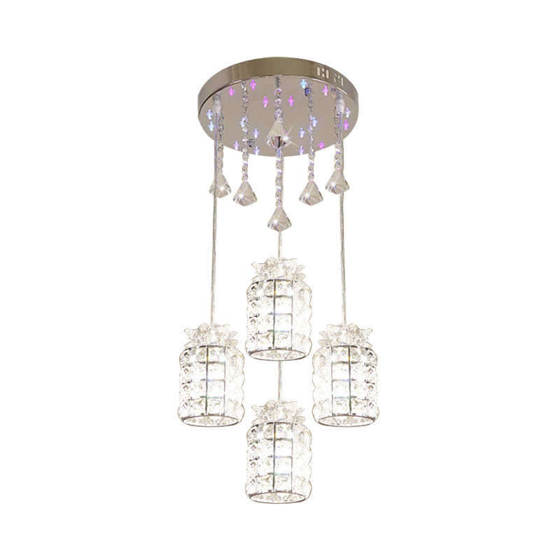 Minimal Cylinder Suspension Lamp Clear Crystal 4-Light Dining Room Cluster Pendant Light in Chrome Clearhalo 'Ceiling Lights' 'Modern Pendants' 'Modern' 'Pendant Lights' 'Pendants' Lighting' 968575