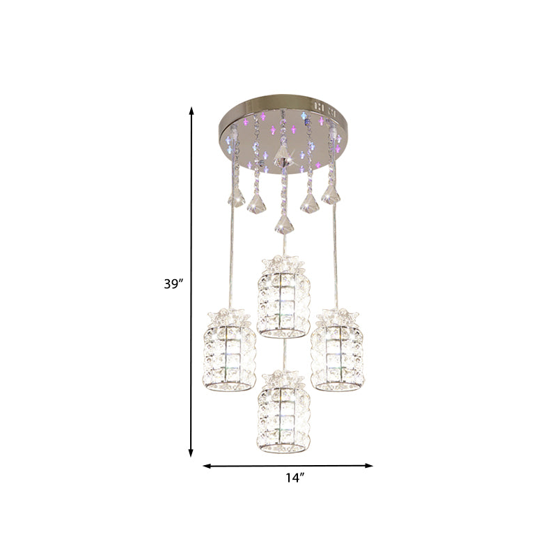 Minimal Cylinder Suspension Lamp Clear Crystal 4-Light Dining Room Cluster Pendant Light in Chrome Clearhalo 'Ceiling Lights' 'Modern Pendants' 'Modern' 'Pendant Lights' 'Pendants' Lighting' 968576