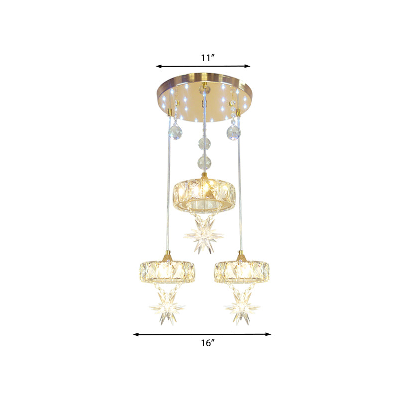 Circular Multi Pendant Light Simple Style Crystal 3 Heads Gold Finish Ceiling Hang Fixture with Star Design Clearhalo 'Ceiling Lights' 'Modern Pendants' 'Modern' 'Pendant Lights' 'Pendants' Lighting' 968580