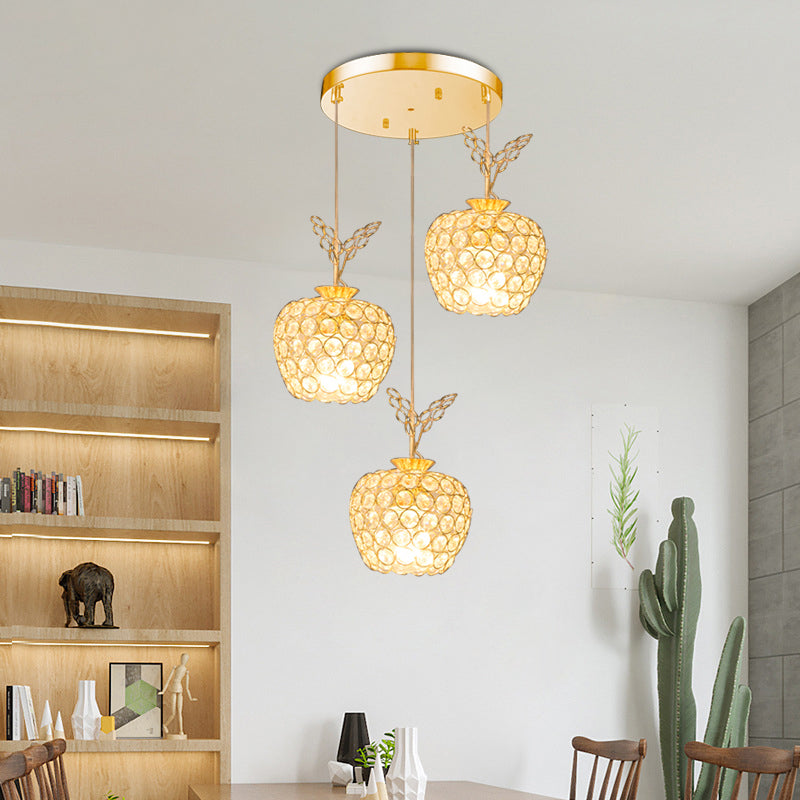 Apple Shaped Dining Room Cluster Pendant Light Crystal Embedded 3 Heads Minimal Hanging Lamp Kit in Gold Gold Clearhalo 'Ceiling Lights' 'Modern Pendants' 'Modern' 'Pendant Lights' 'Pendants' Lighting' 968601