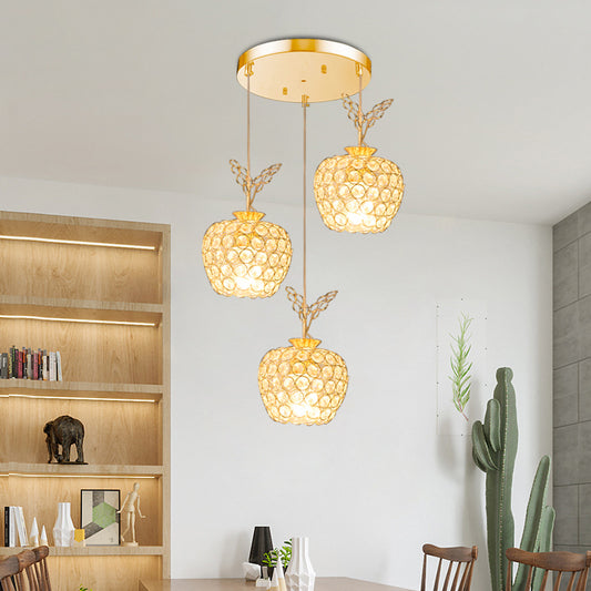 Apple Shaped Dining Room Cluster Pendant Light Crystal Embedded 3 Heads Minimal Hanging Lamp Kit in Gold Gold Clearhalo 'Ceiling Lights' 'Modern Pendants' 'Modern' 'Pendant Lights' 'Pendants' Lighting' 968601