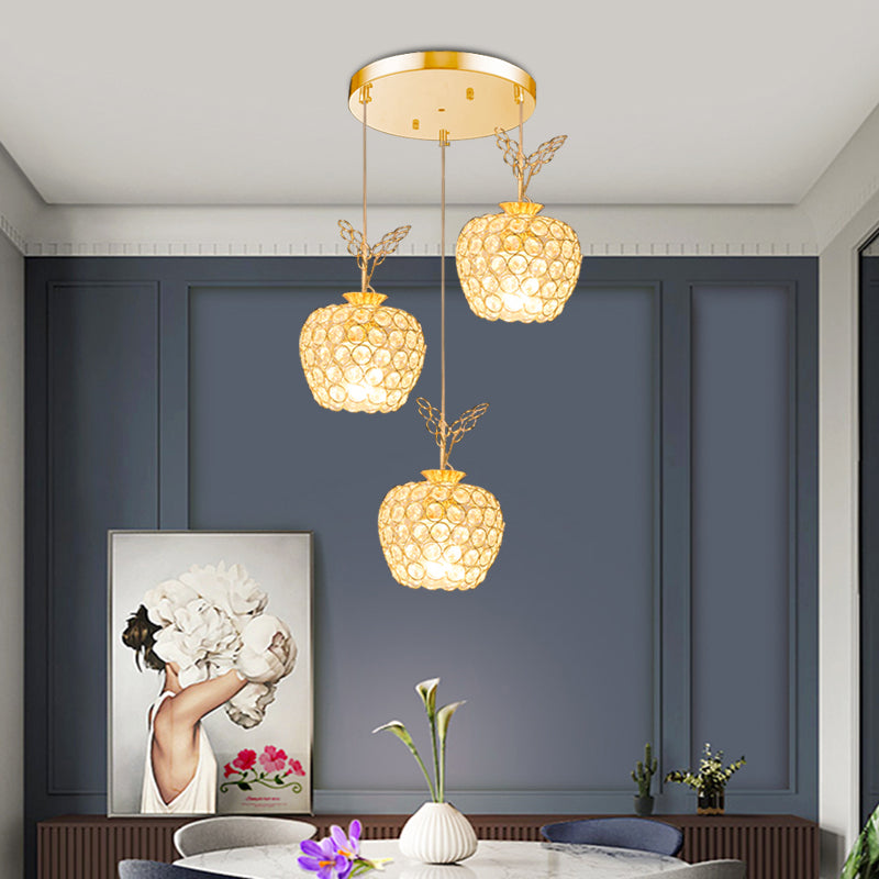 Apple Shaped Dining Room Cluster Pendant Light Crystal Embedded 3 Heads Minimal Hanging Lamp Kit in Gold Clearhalo 'Ceiling Lights' 'Modern Pendants' 'Modern' 'Pendant Lights' 'Pendants' Lighting' 968602