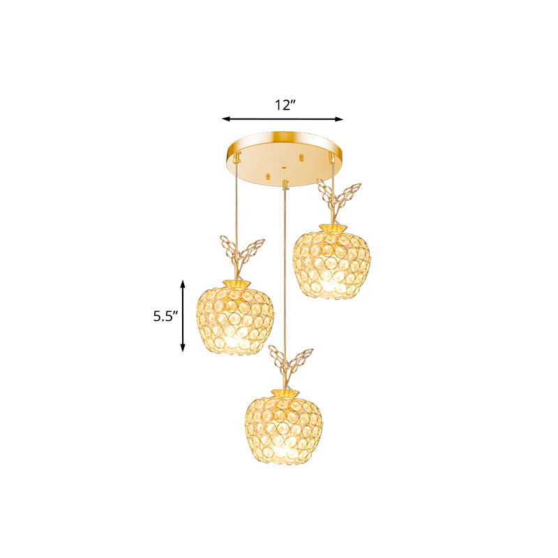 Apple Shaped Dining Room Cluster Pendant Light Crystal Embedded 3 Heads Minimal Hanging Lamp Kit in Gold Clearhalo 'Ceiling Lights' 'Modern Pendants' 'Modern' 'Pendant Lights' 'Pendants' Lighting' 968604