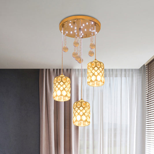 Simple Cylindrical Inserted Crystal Hanging Light Fixture 3 Lights Cluster Pendant in Gold for Bedroom Gold Clearhalo 'Ceiling Lights' 'Modern Pendants' 'Modern' 'Pendant Lights' 'Pendants' Lighting' 968605