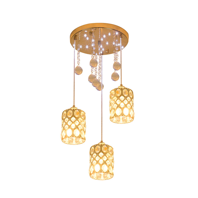 Simple Cylindrical Inserted Crystal Hanging Light Fixture 3 Lights Cluster Pendant in Gold for Bedroom Clearhalo 'Ceiling Lights' 'Modern Pendants' 'Modern' 'Pendant Lights' 'Pendants' Lighting' 968606