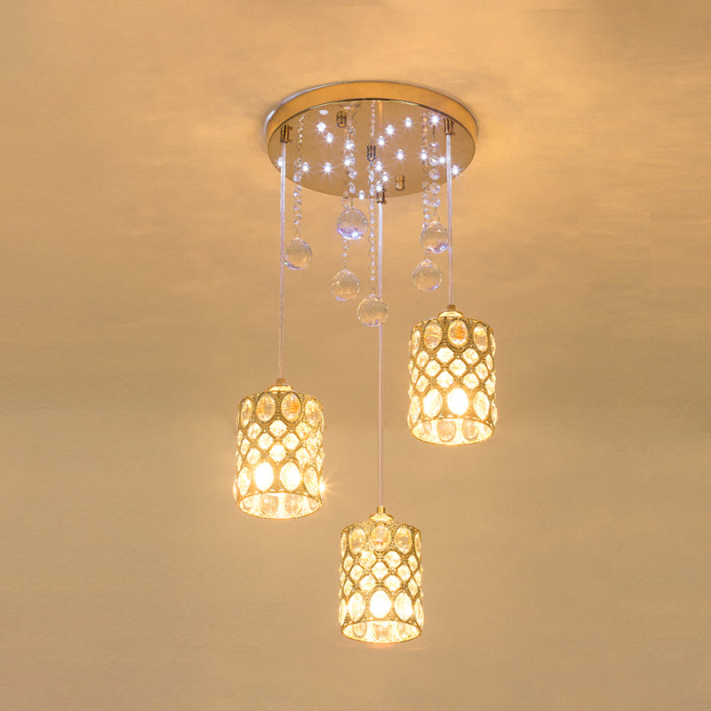 Simple Cylindrical Inserted Crystal Hanging Light Fixture 3 Lights Cluster Pendant in Gold for Bedroom Clearhalo 'Ceiling Lights' 'Modern Pendants' 'Modern' 'Pendant Lights' 'Pendants' Lighting' 968607