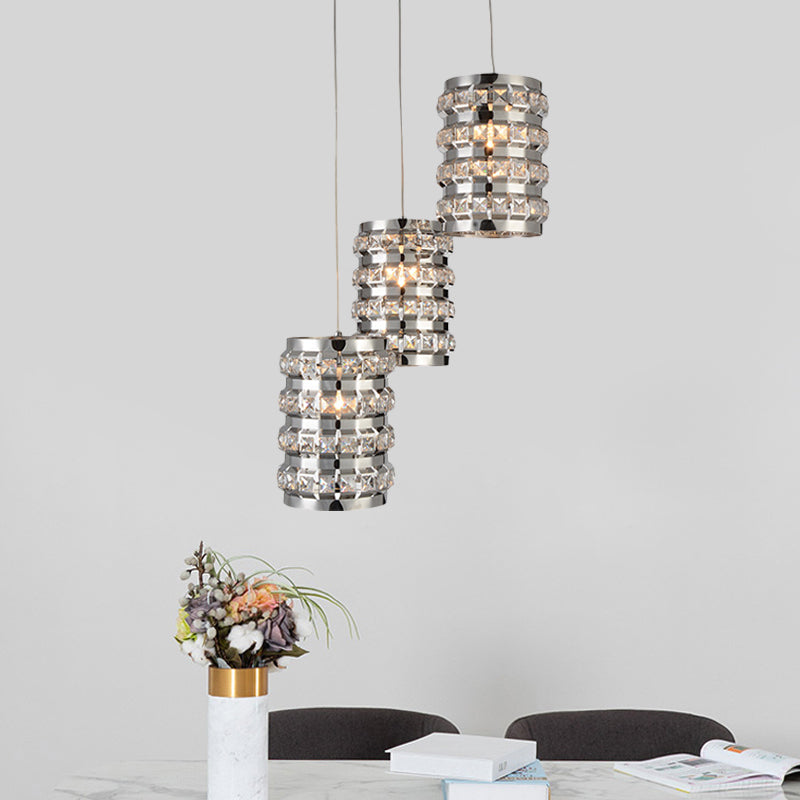 Cylinder Crystal Multi-Light Pendant Contemporary 3 Lights Chrome Finish Ceiling Suspension Lamp Chrome Clearhalo 'Ceiling Lights' 'Modern Pendants' 'Modern' 'Pendant Lights' 'Pendants' Lighting' 968613